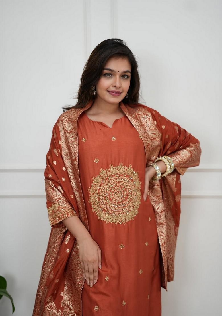 Rust Embroidery Silk Kurta Set - Indya