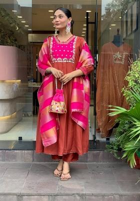 Rust Embroidery Silk Kurta Set
