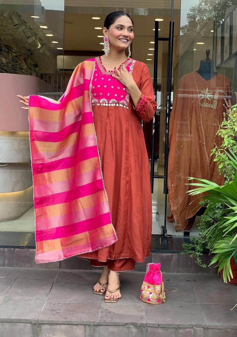 Rust Embroidery Silk Kurta Set - Indya