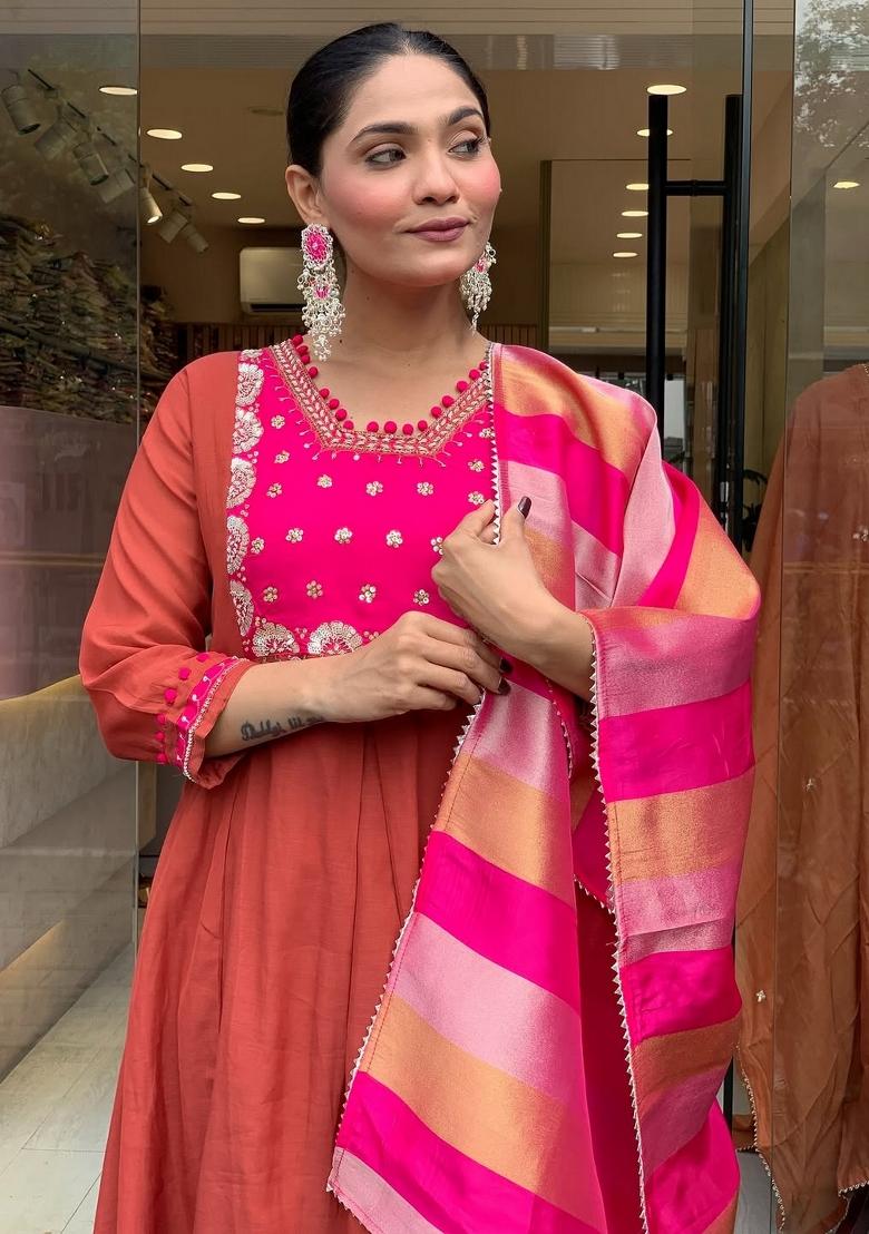 Rust Embroidery Silk Kurta Set - Indya