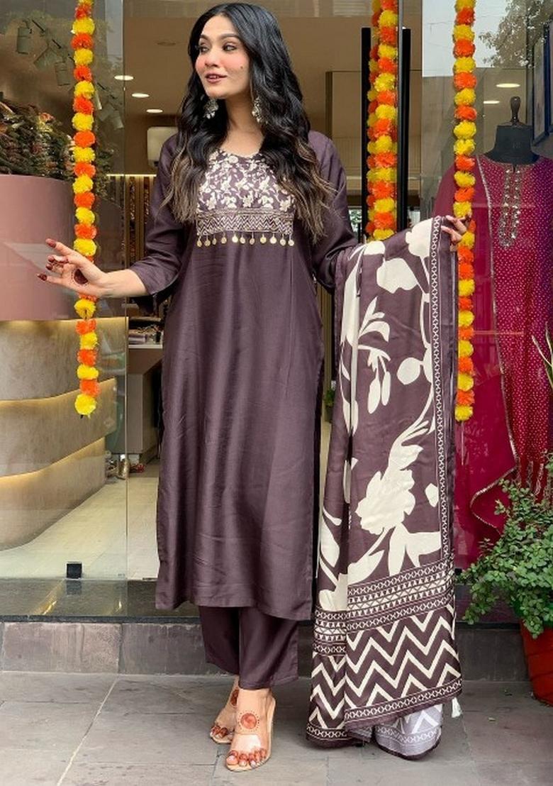 Grey Embroidery Cotton Kurta Set - Indya