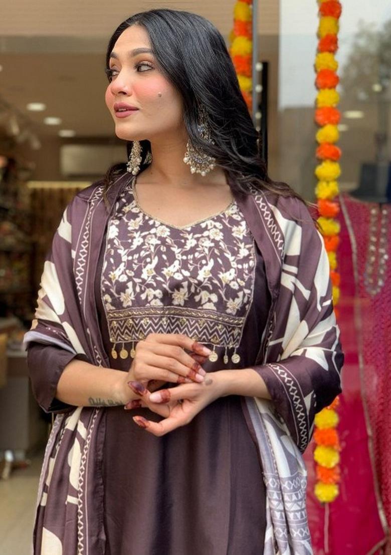 Grey Embroidery Cotton Kurta Set - Indya