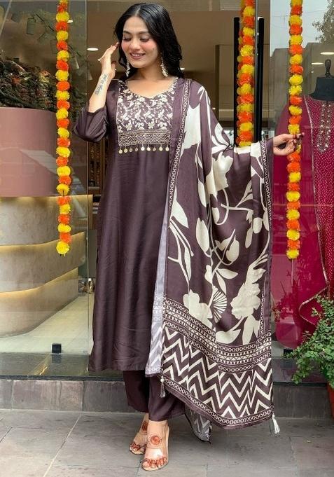 Grey Embroidery Cotton Kurta Set