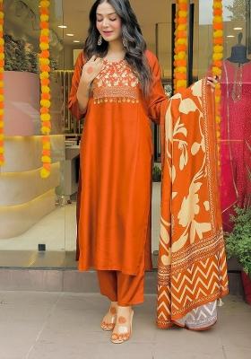 Rust Embroidery Cotton Kurta Set