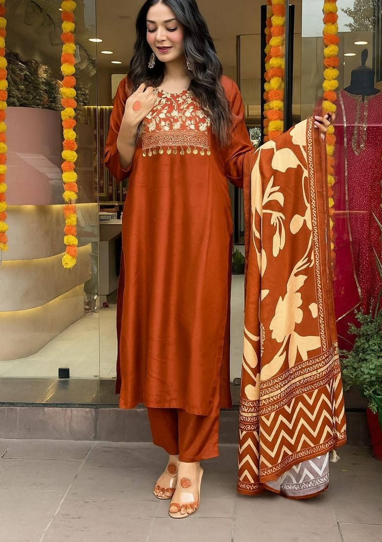 Rust Embroidery Cotton Kurta Set - Indya