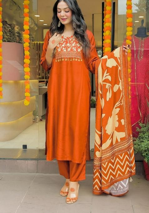 Rust Embroidery Cotton Kurta Set