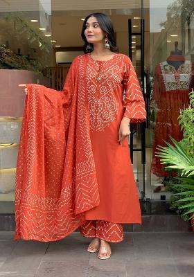 Rust Abstract Print Silk Kurta Set