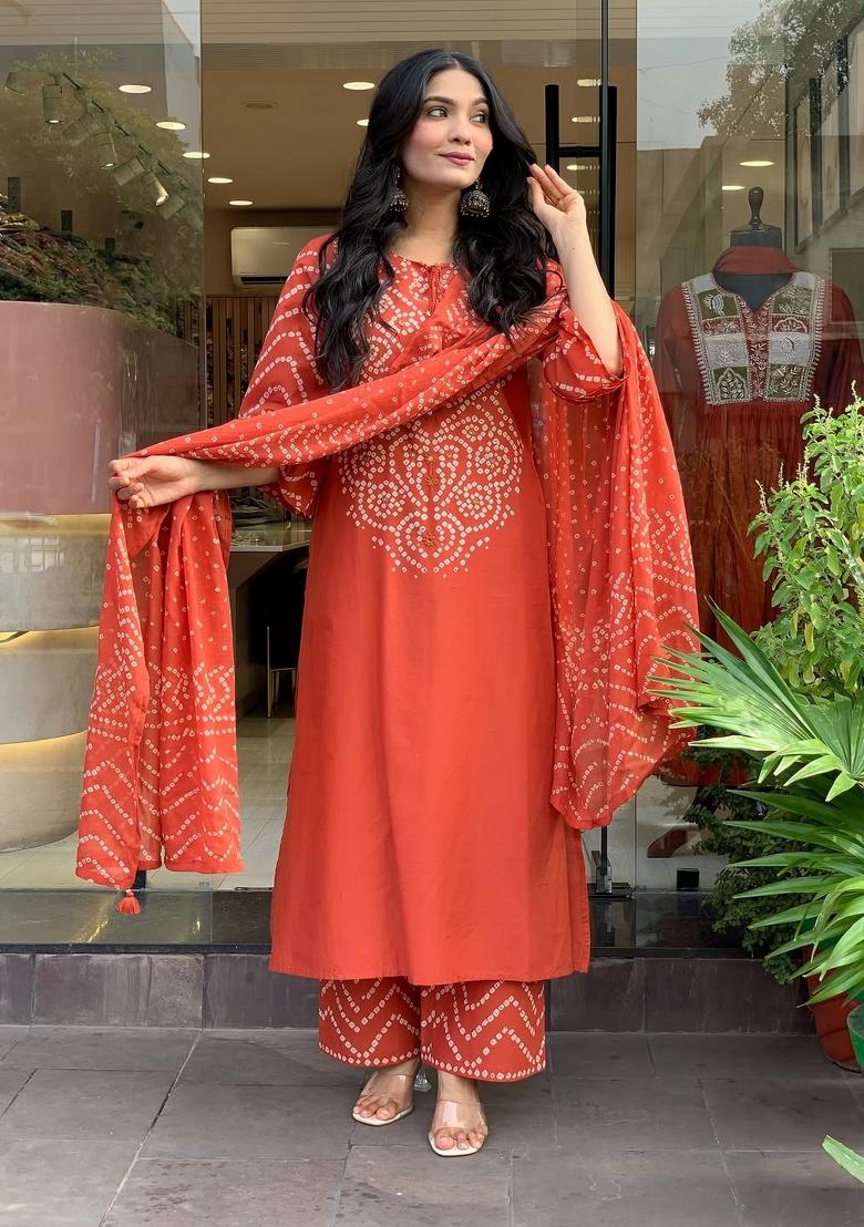 Rust Abstract Print Silk Kurta Set - Indya