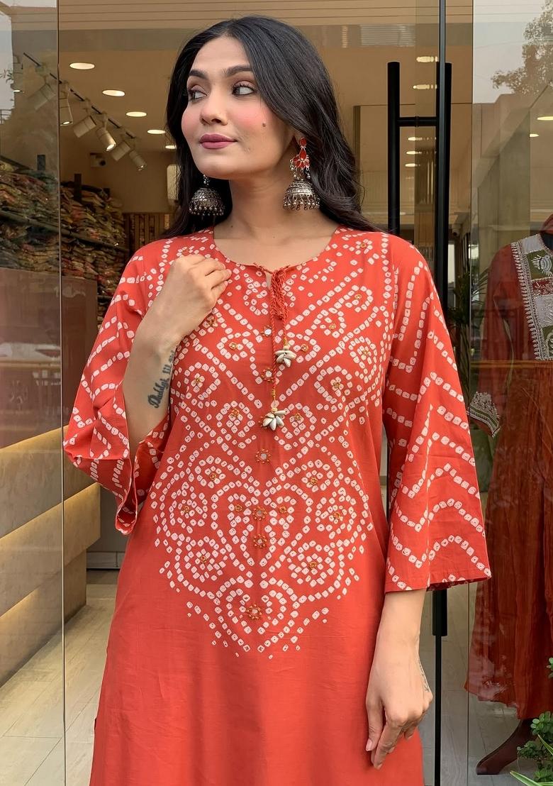 Rust Abstract Print Silk Kurta Set - Indya