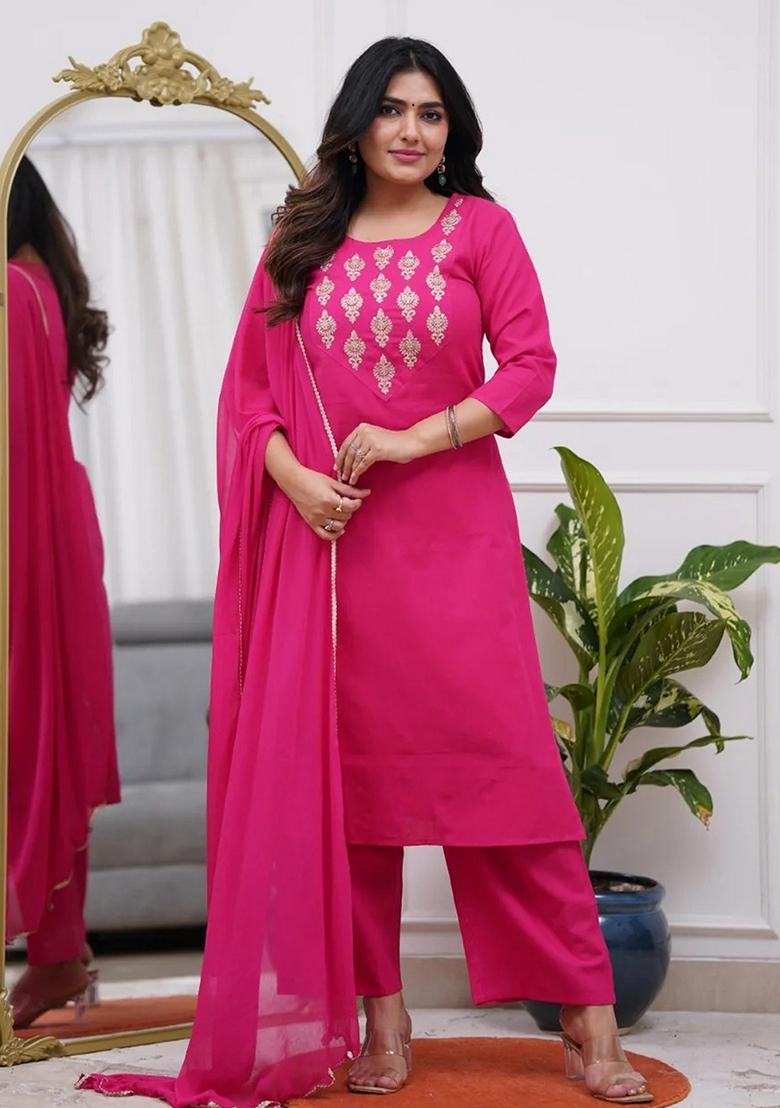 Pink Embroidery Silk Kurta Set - Indya