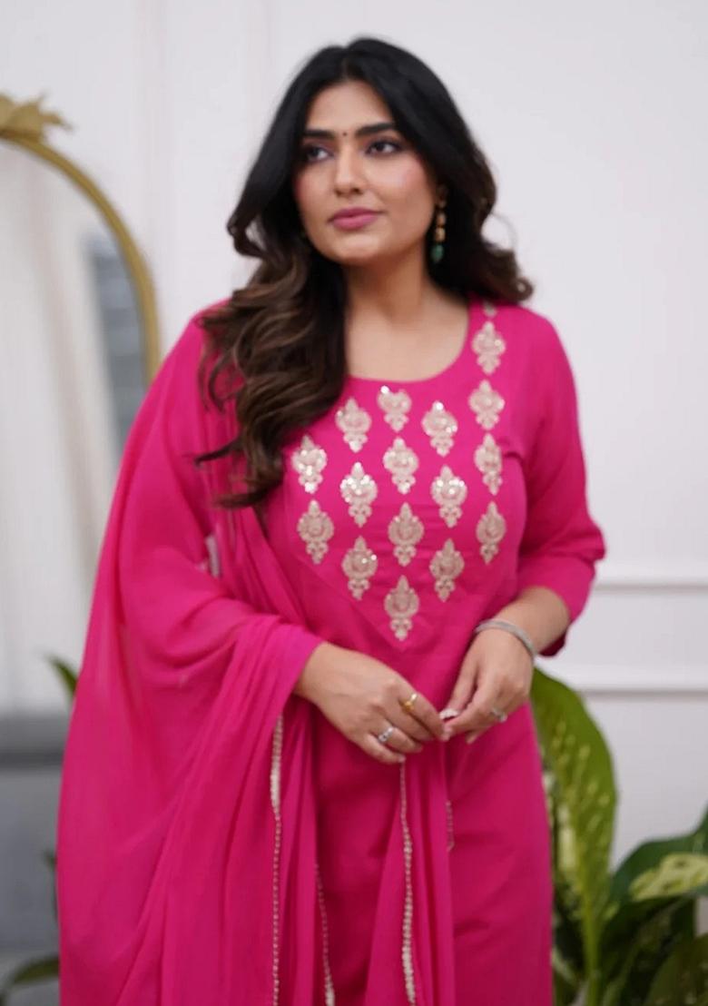 Pink Embroidery Silk Kurta Set - Indya