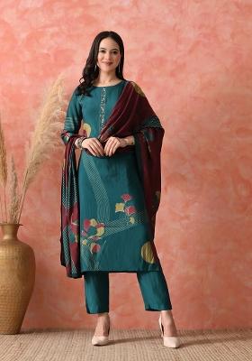 Teal Embroidery Silk Kurta Set