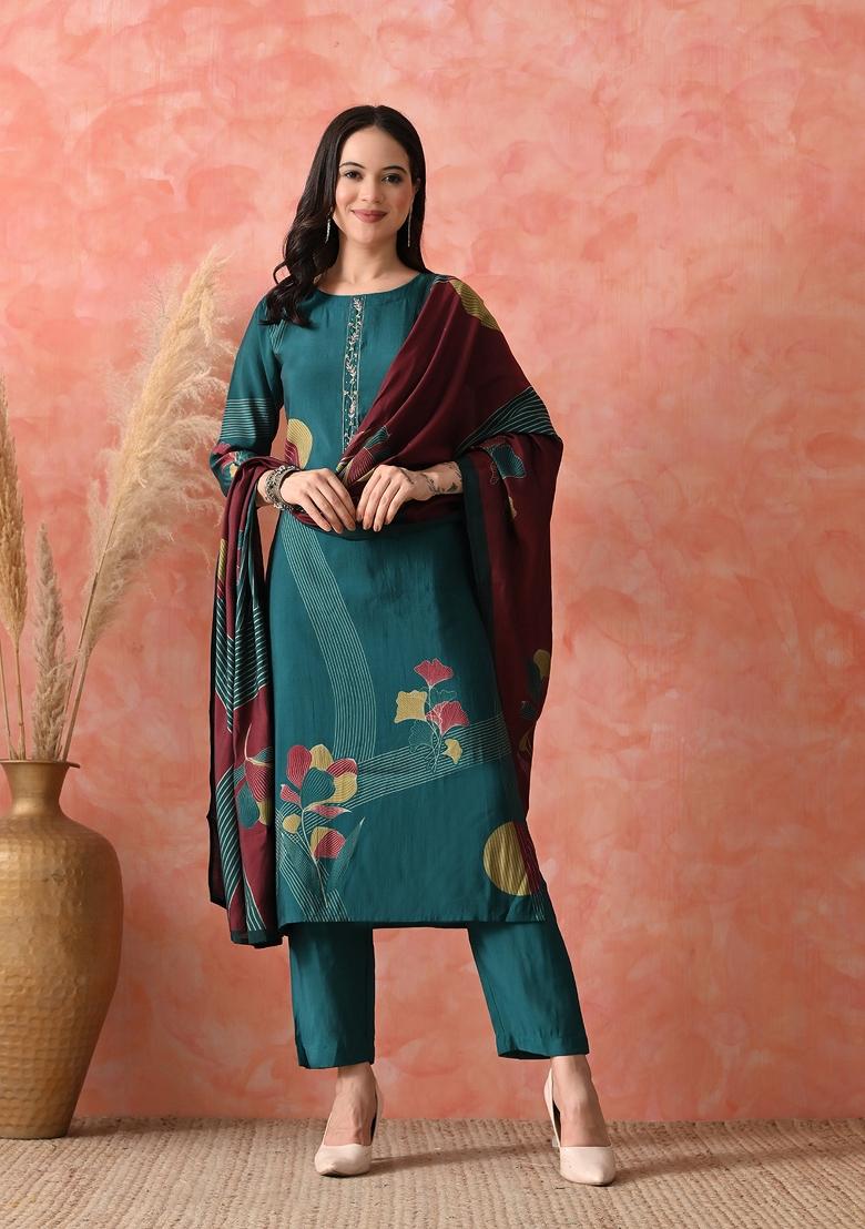 Teal Embroidery Silk Kurta Set - Indya