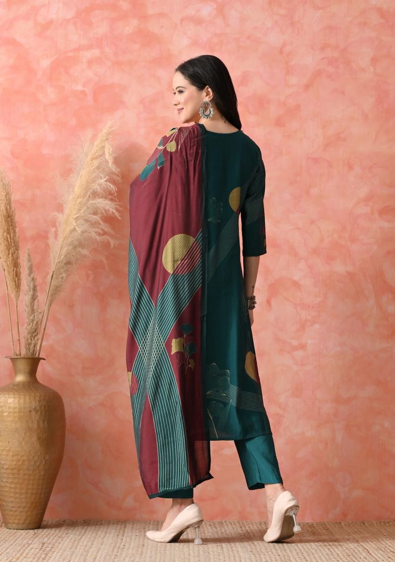 Teal Embroidery Silk Kurta Set - Indya