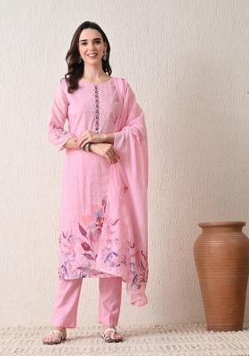 Pink Embroidery Polyester Kurta Set