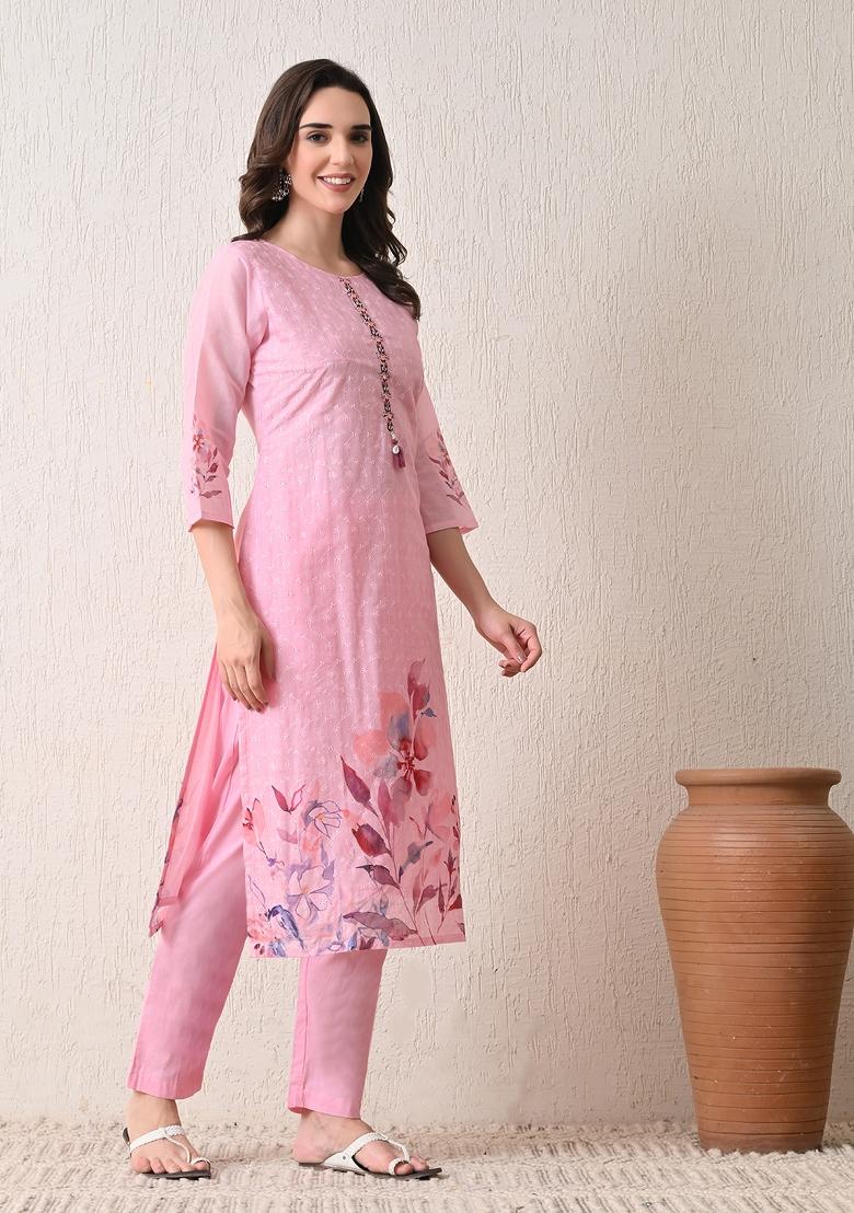 Pink Embroidery Polyester Kurta Set - Indya