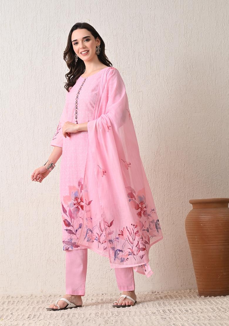 Pink Embroidery Polyester Kurta Set - Indya