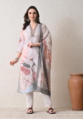 Grey Embroidery Cotton Kurta Set