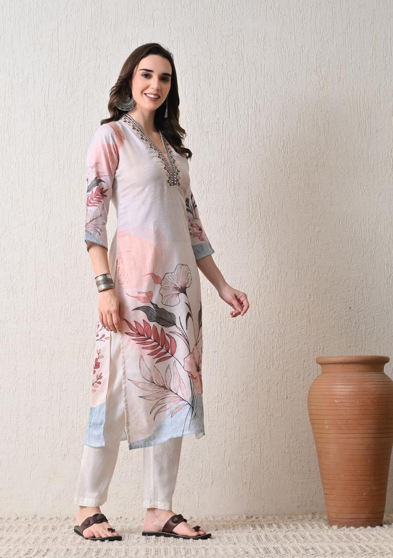 Grey Embroidery Cotton Kurta Set - Indya