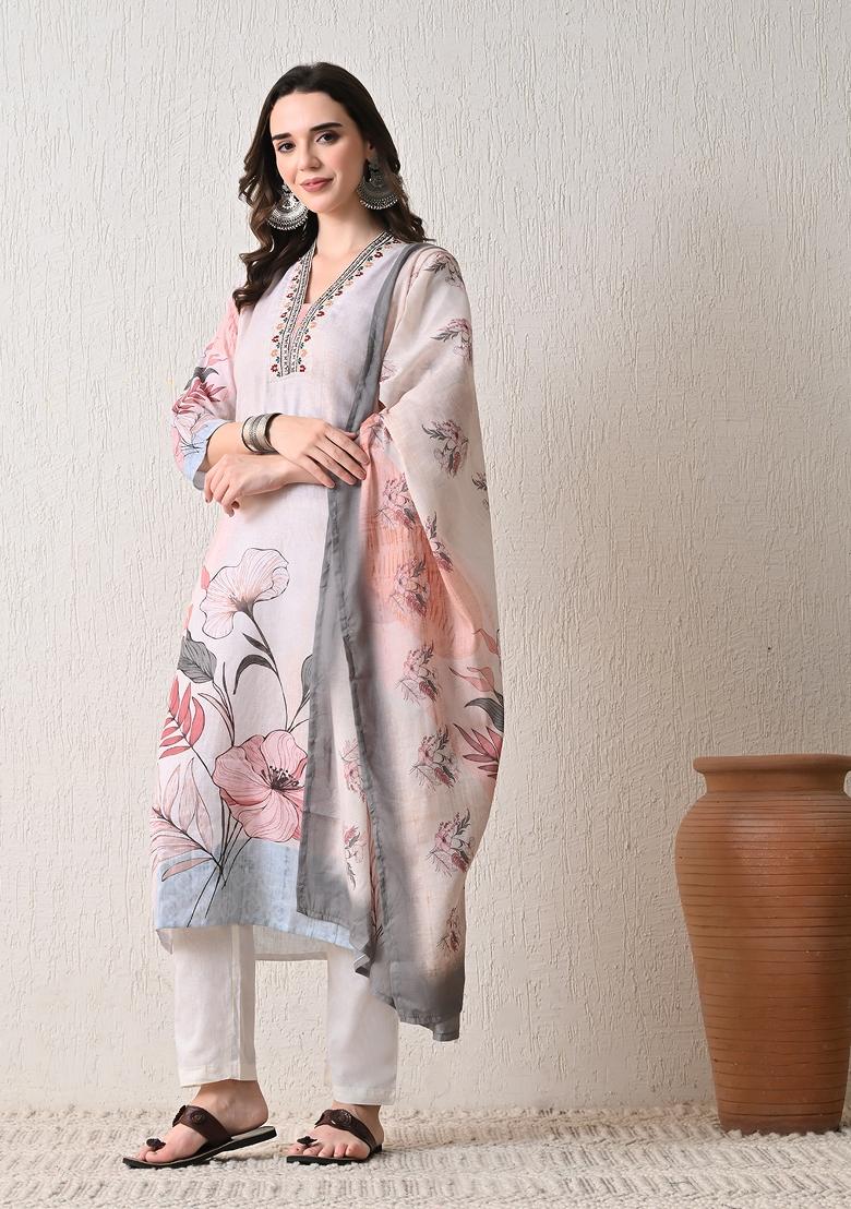 Grey Embroidery Cotton Kurta Set - Indya