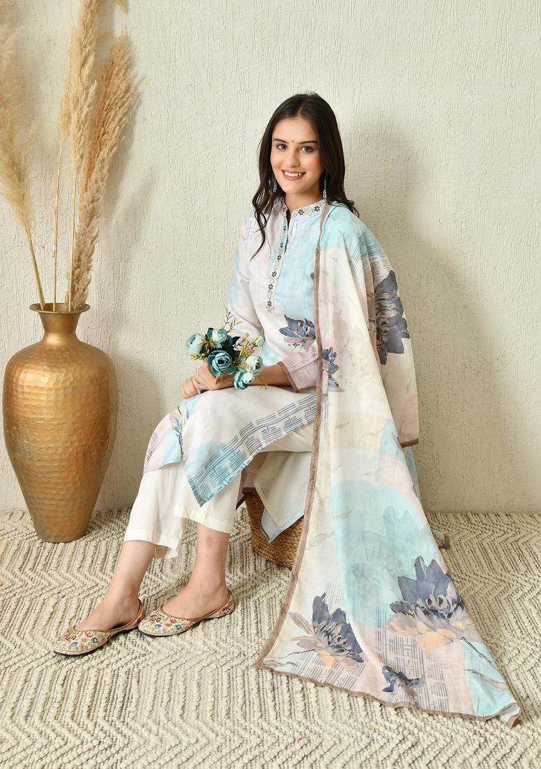Off White Embroidery Cotton Kurta Set - Indya