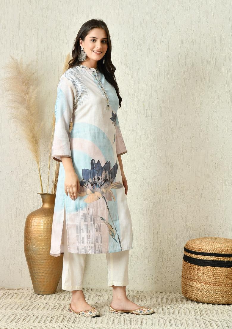 Off White Embroidery Cotton Kurta Set - Indya