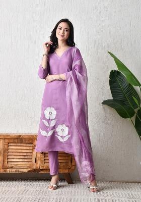 Purple Embroidery Silk Kurta Set