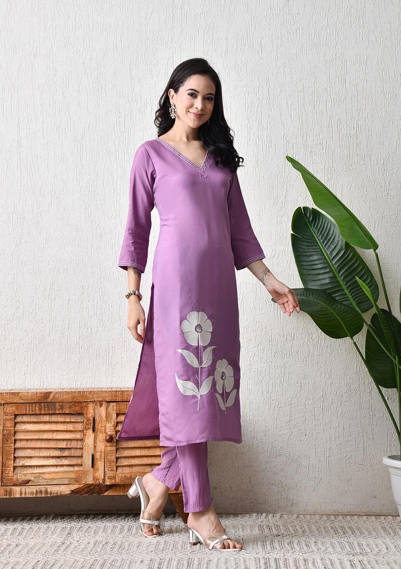 Purple Embroidery Silk Kurta Set - Indya