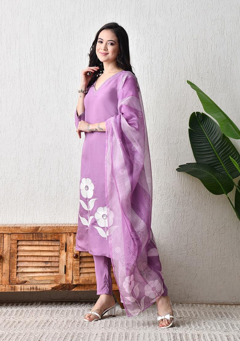 Purple Embroidery Silk Kurta Set - Indya
