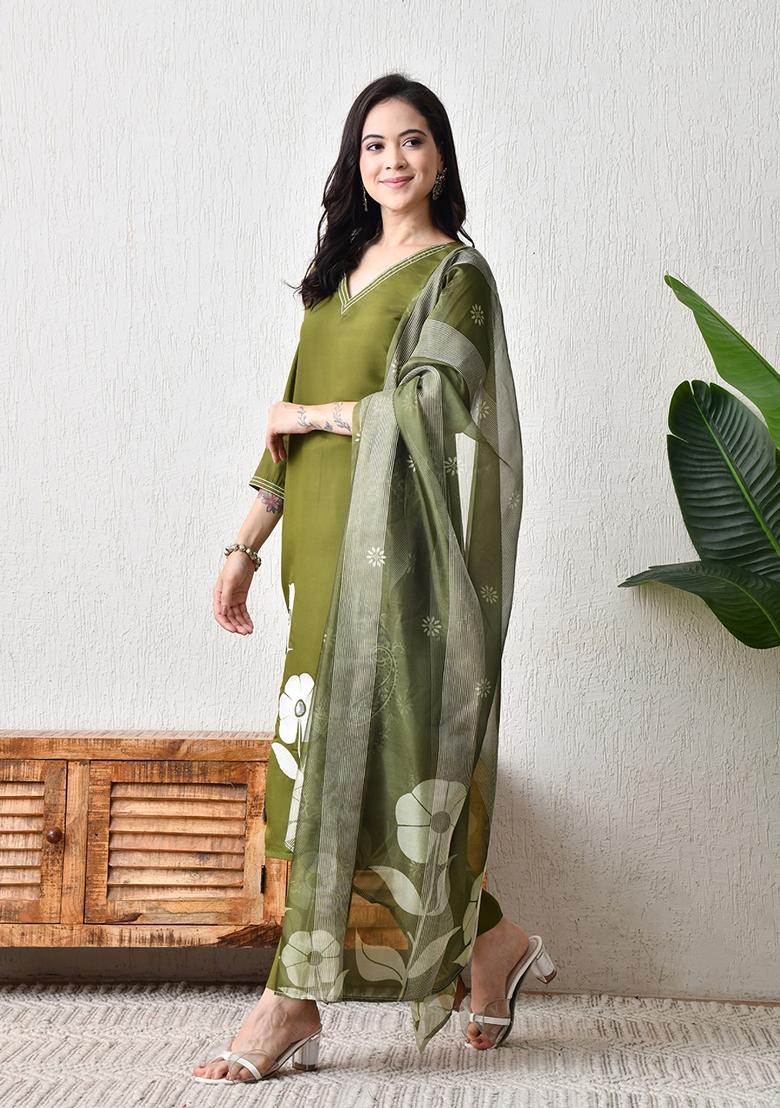 Green Embroidery Silk Kurta Set - Indya