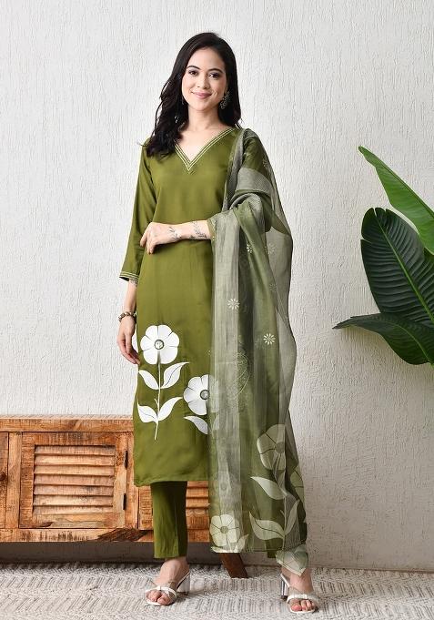 Green Embroidery Silk Kurta Set