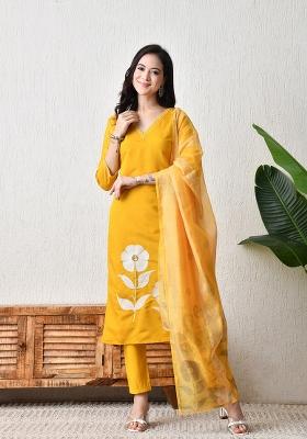 Yellow Embroidery Silk Kurta Set