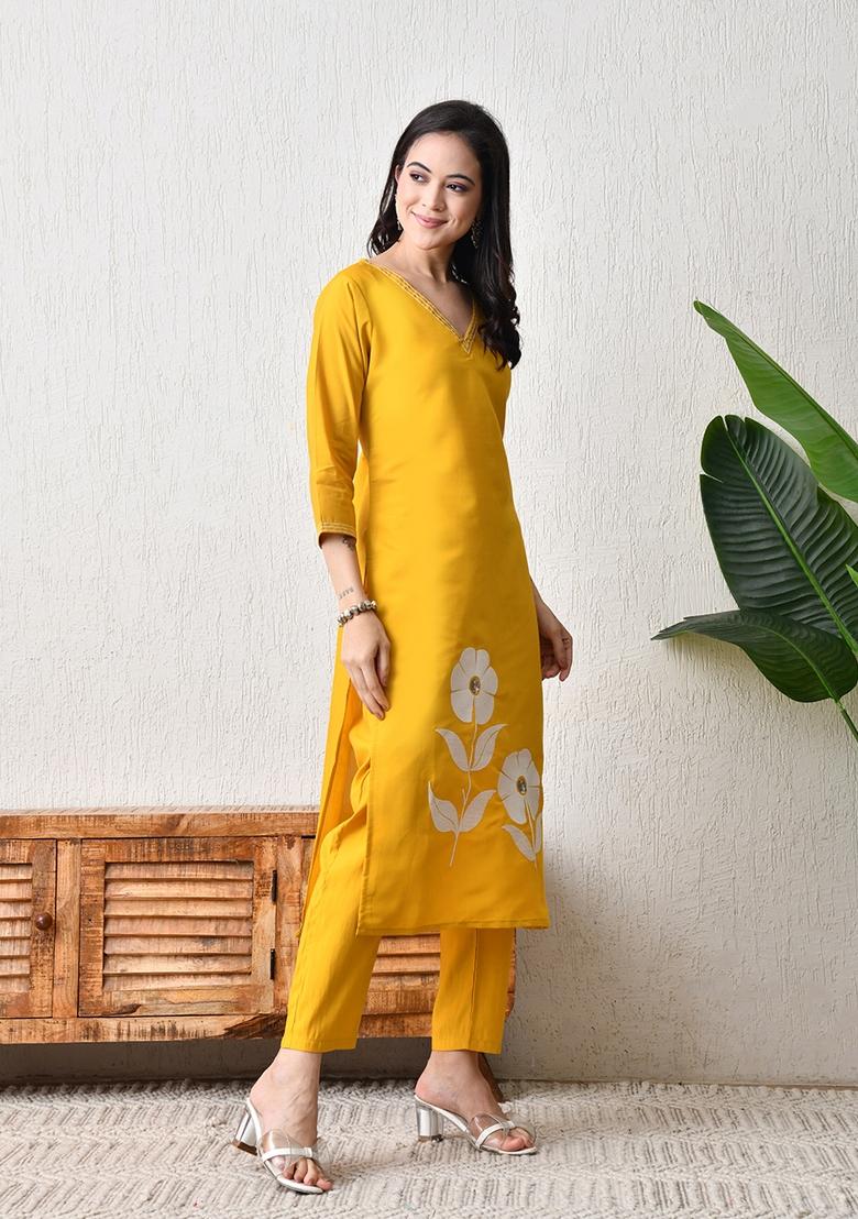 Yellow Embroidery Silk Kurta Set - Indya