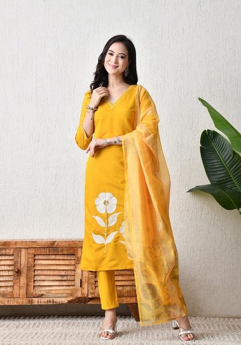 Yellow Embroidery Silk Kurta Set