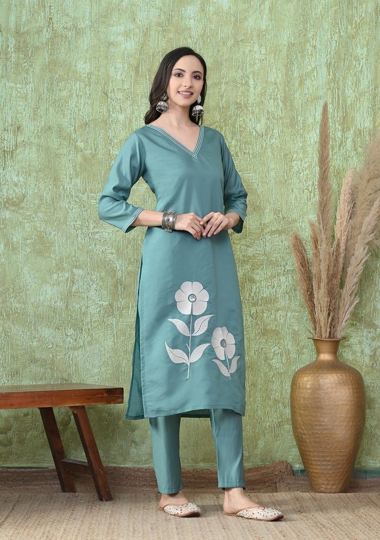 Teal Embroidery Silk Kurta Set - Indya