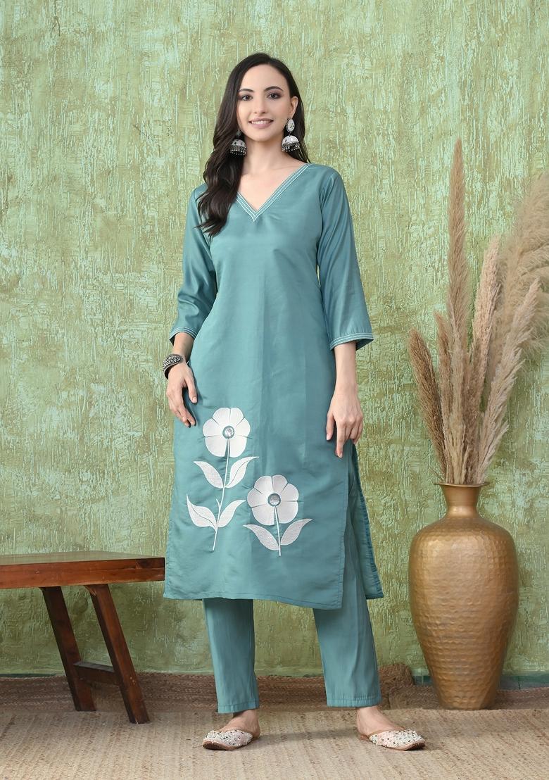 Teal Embroidery Silk Kurta Set - Indya
