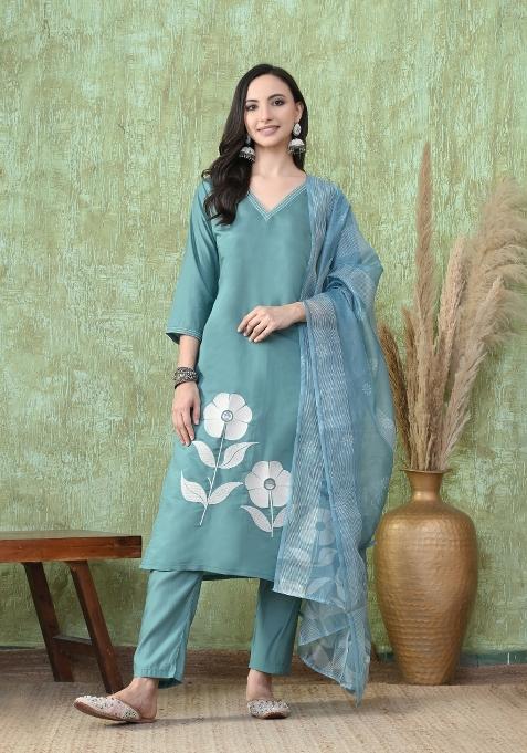 Teal Embroidery Silk Kurta Set
