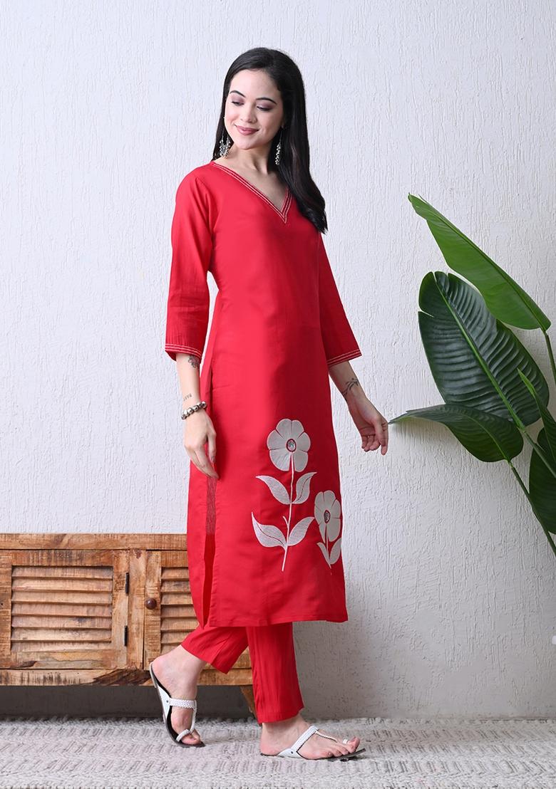 Pink Embroidery Silk Kurta Set - Indya