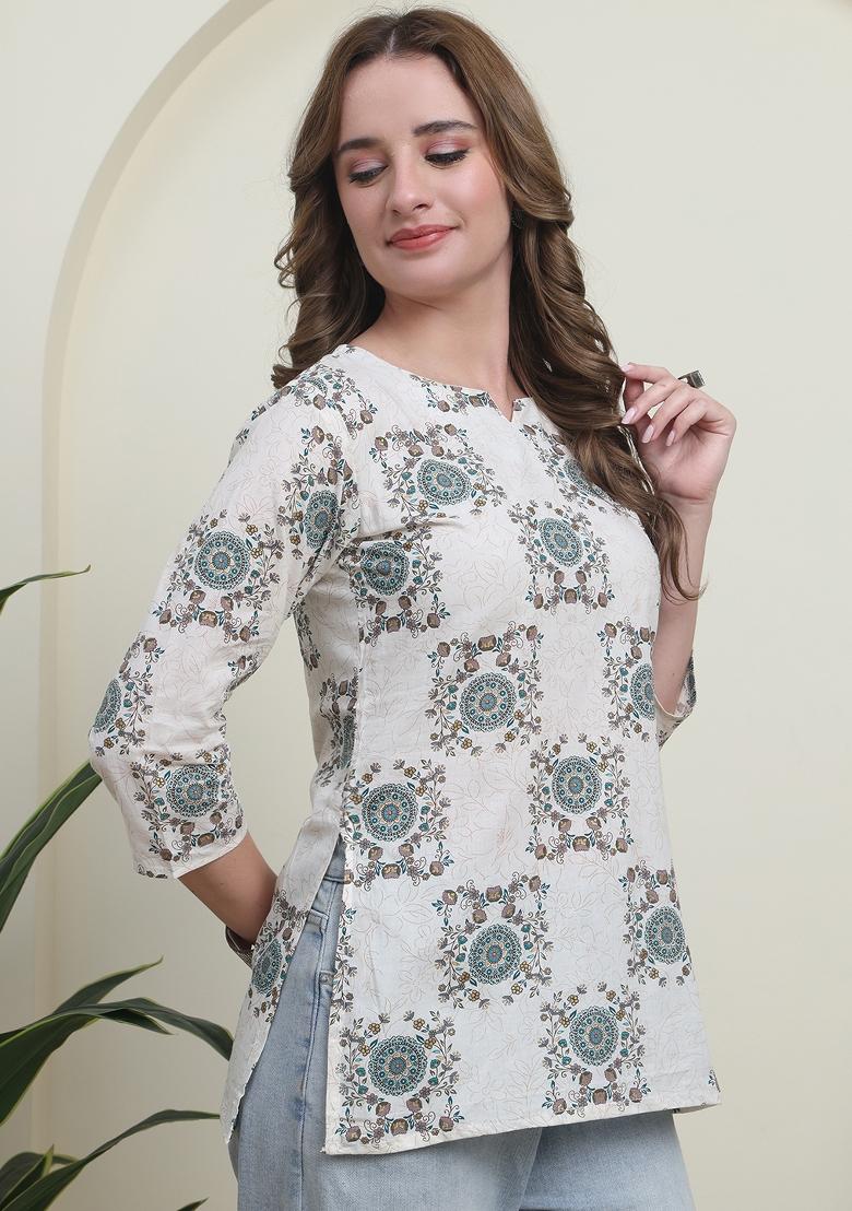 Green Abstract Print Cotton Kurta - Indya
