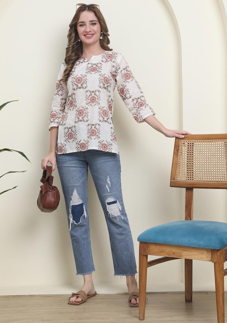 Red Abstract Print Cotton Kurta - Indya