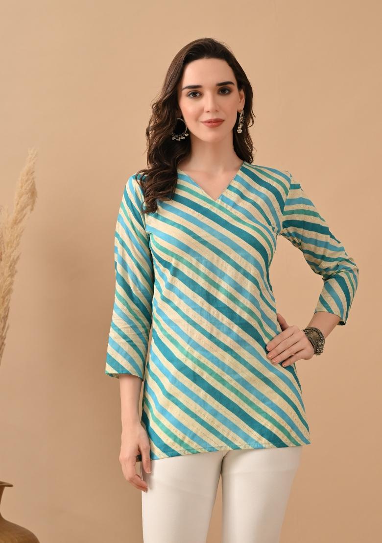 Teal Abstract Print Cotton Kurta - Indya