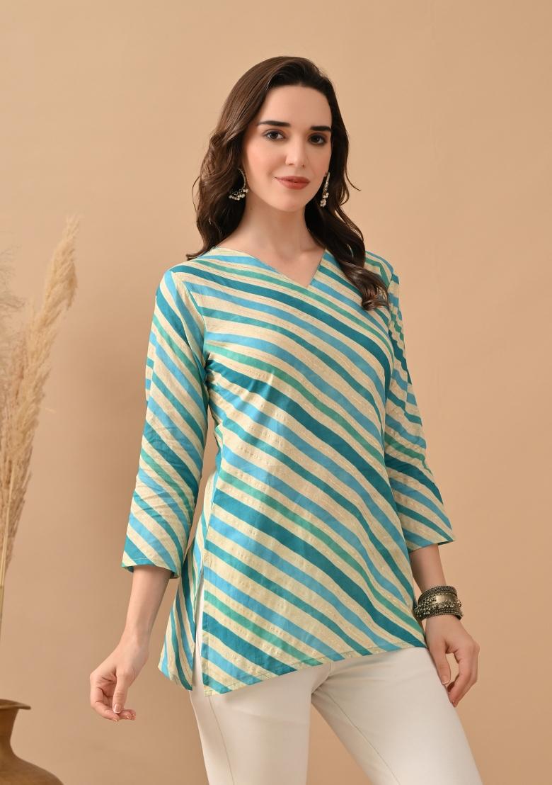 Teal Abstract Print Cotton Kurta - Indya