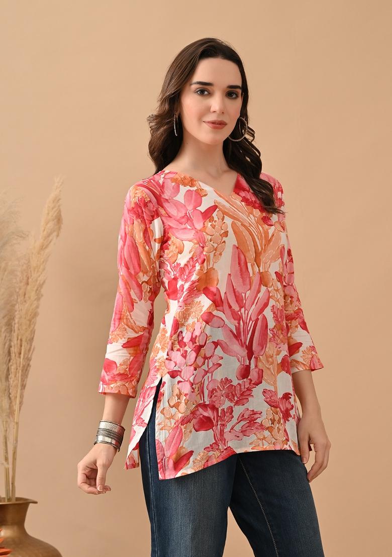 Pink Abstract Print Cotton Kurta - Indya