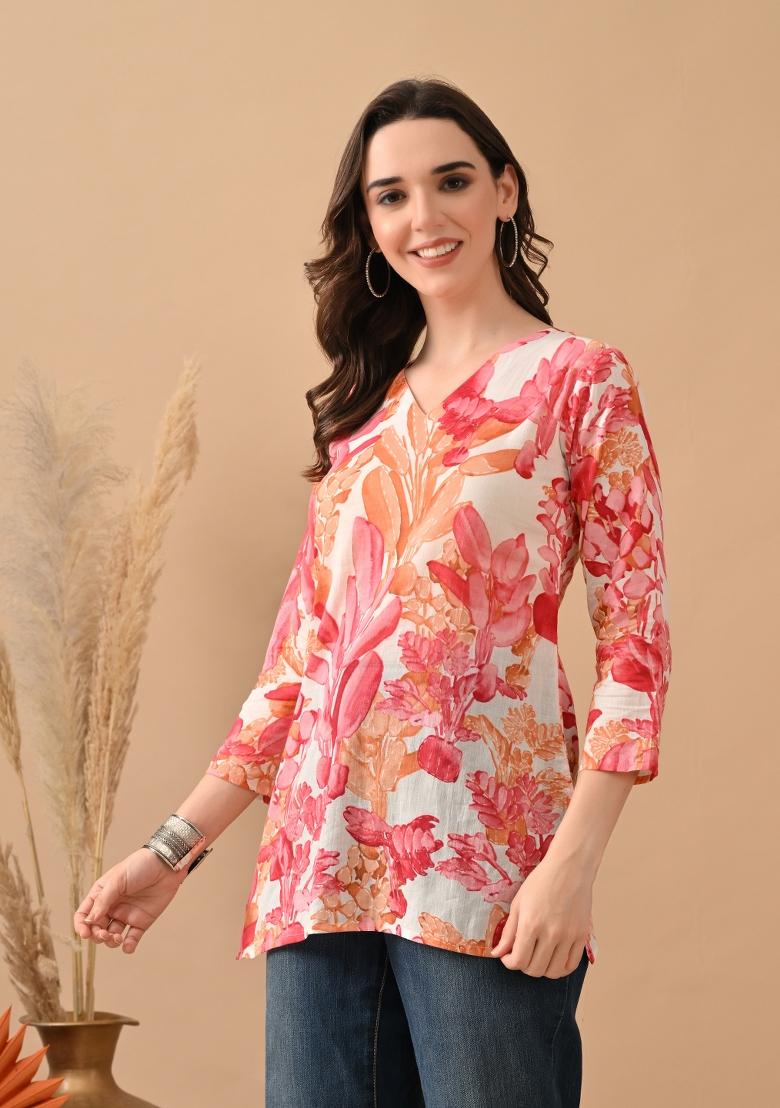 Pink Abstract Print Cotton Kurta - Indya