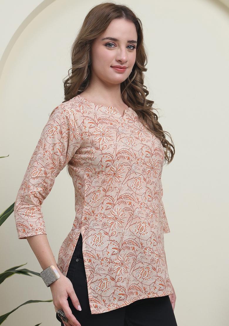 Peach Abstract Print Cotton Kurta - Indya
