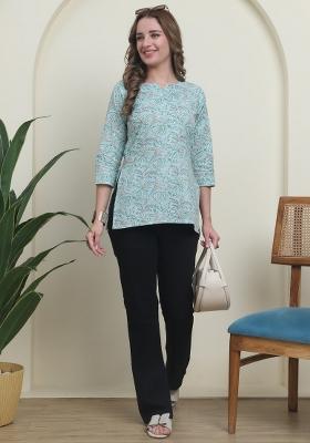 Teal Abstract Print Cotton Kurta