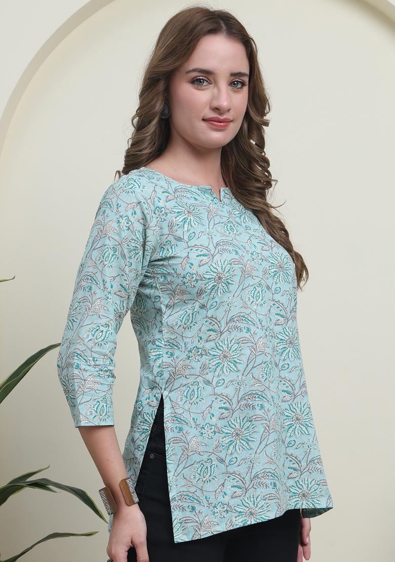 Teal Abstract Print Cotton Kurta - Indya
