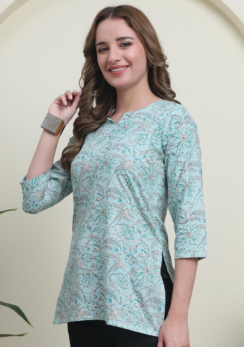 Teal Abstract Print Cotton Kurta - Indya