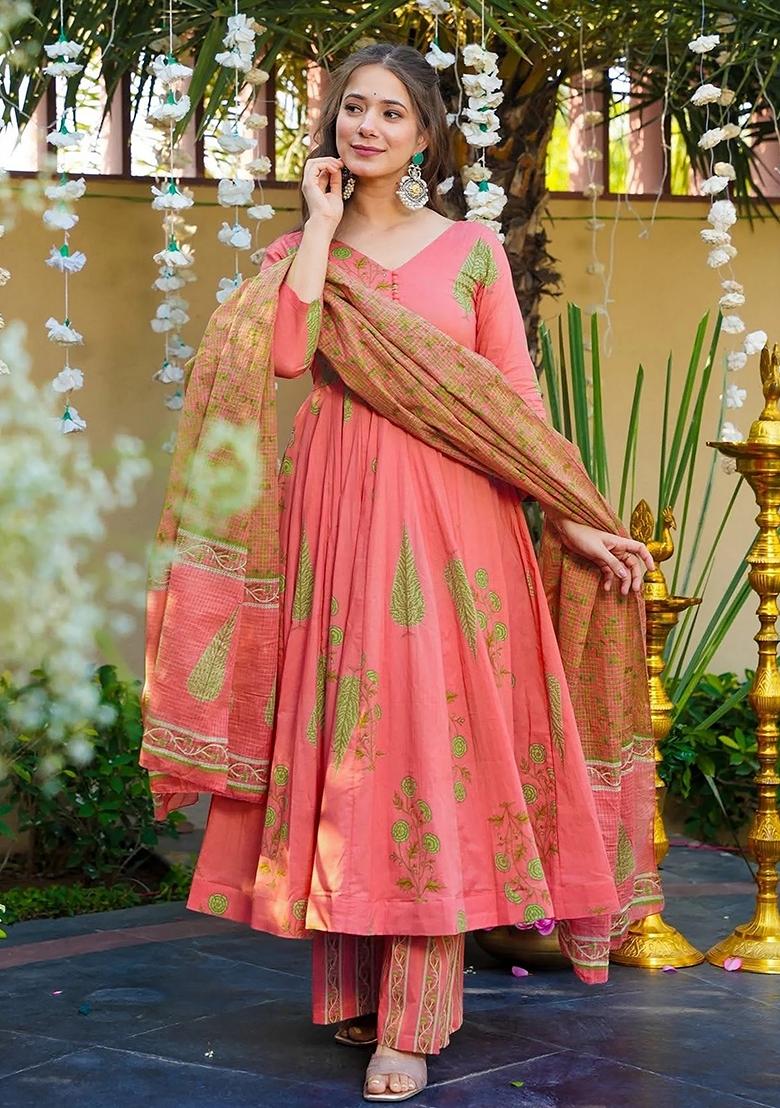 Pink Abstract Print Silk Kurta Set - Indya