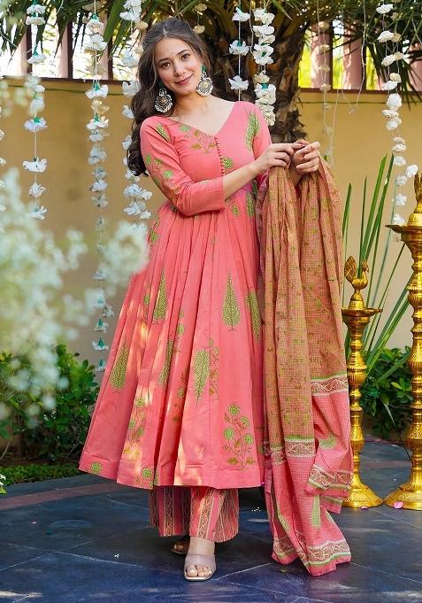 Pink Abstract Print Silk Kurta Set